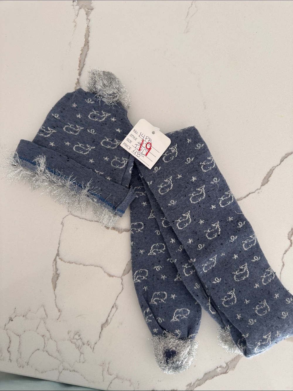 Kids Cozy Hat and Scarf Set - Grey with Silver Little whales accents